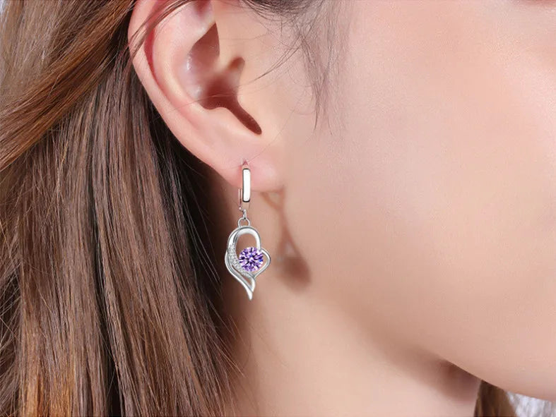 Boucles d’Oreilles Pendantes Cœur en Argent 925 – Zircon & Saphir Rose, Style Romantique, 17 Coloris