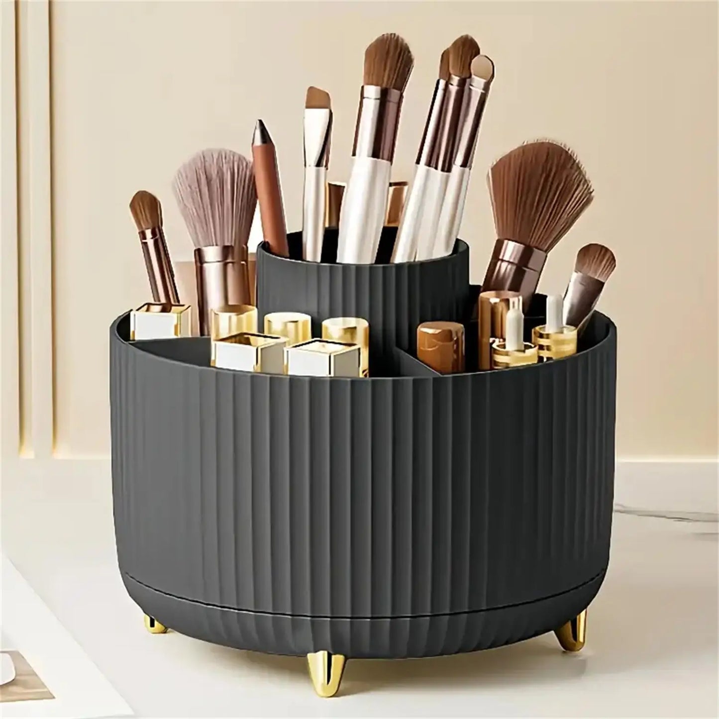 Organisateur Maquillage Rotatif 360° – 5 Compartiments, Pinceaux & Cosmétiques