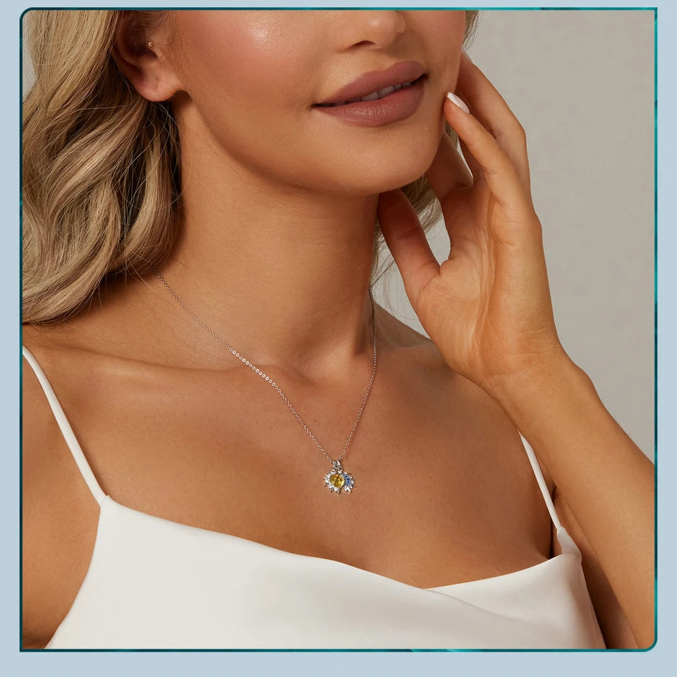 Collier Pendentif Lune & Soleil en Argent 925 – Zircon Bleu & Cristal Jaune Lumineux, Certifié GDTC | WOSTU