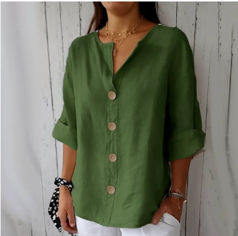 Chemise Femme Lin & Coton Col V – Coupe Loose, Boutonnage, Style Casual Élégant Bureau