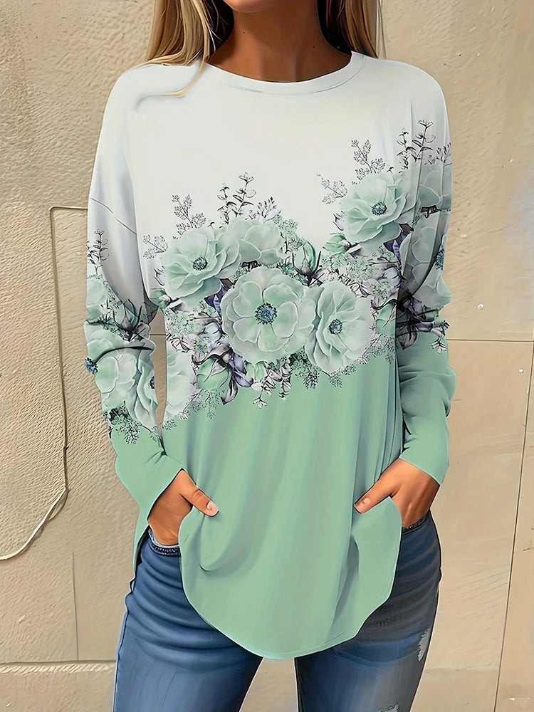 T-Shirt Femme Manches Longues Imprimé 3D Floral – Style Casual Street Automne Hiver
