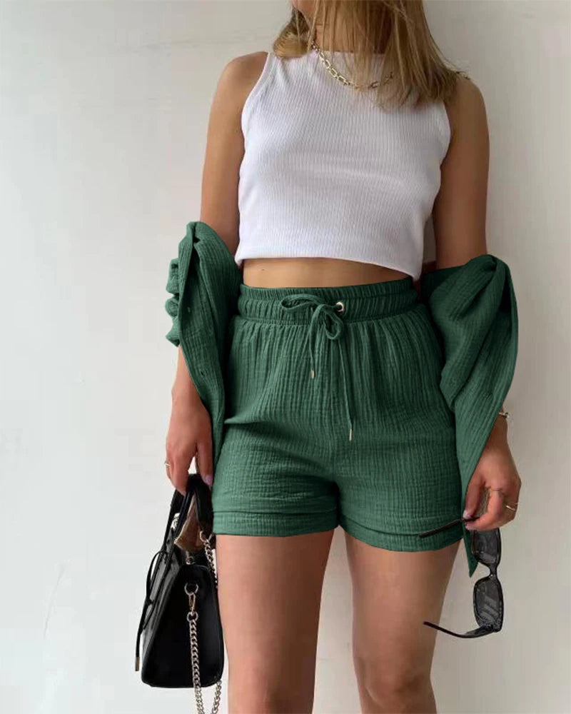 Ensemble 2 Pièces Femme Mousseline – Top Col Polo Manches Longues & Short Taille Élastique | Casual Été