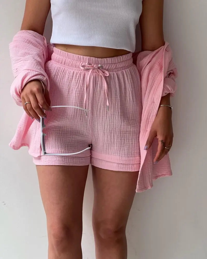 Ensemble 2 Pièces Femme Mousseline – Top Col Polo Manches Longues & Short Taille Élastique | Casual Été