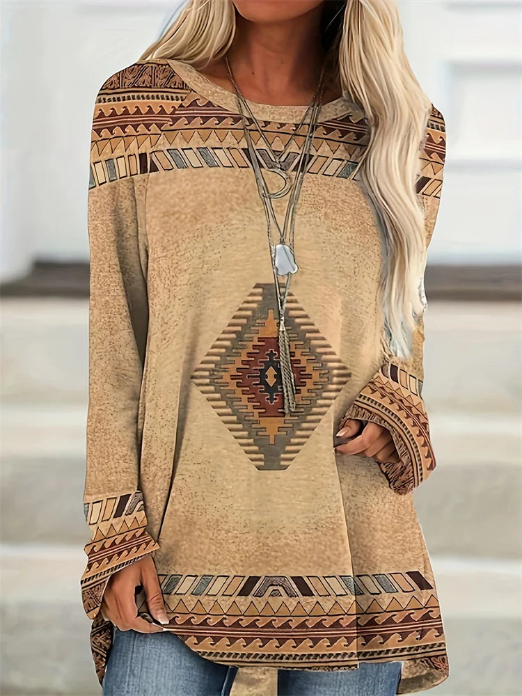 T-Shirt Femme Manches Longues Imprimé Attrape-Rêves – Style Ethnique Boho