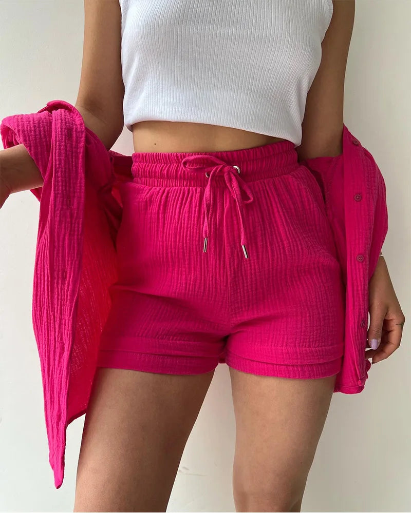 Ensemble 2 Pièces Femme Mousseline – Top Col Polo Manches Longues & Short Taille Élastique | Casual Été