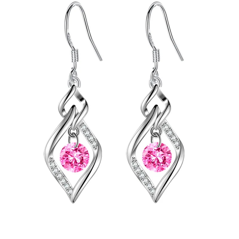 Boucles d’Oreilles Pendantes Cœur en Argent 925 – Zircon & Saphir Rose, Style Romantique, 17 Coloris