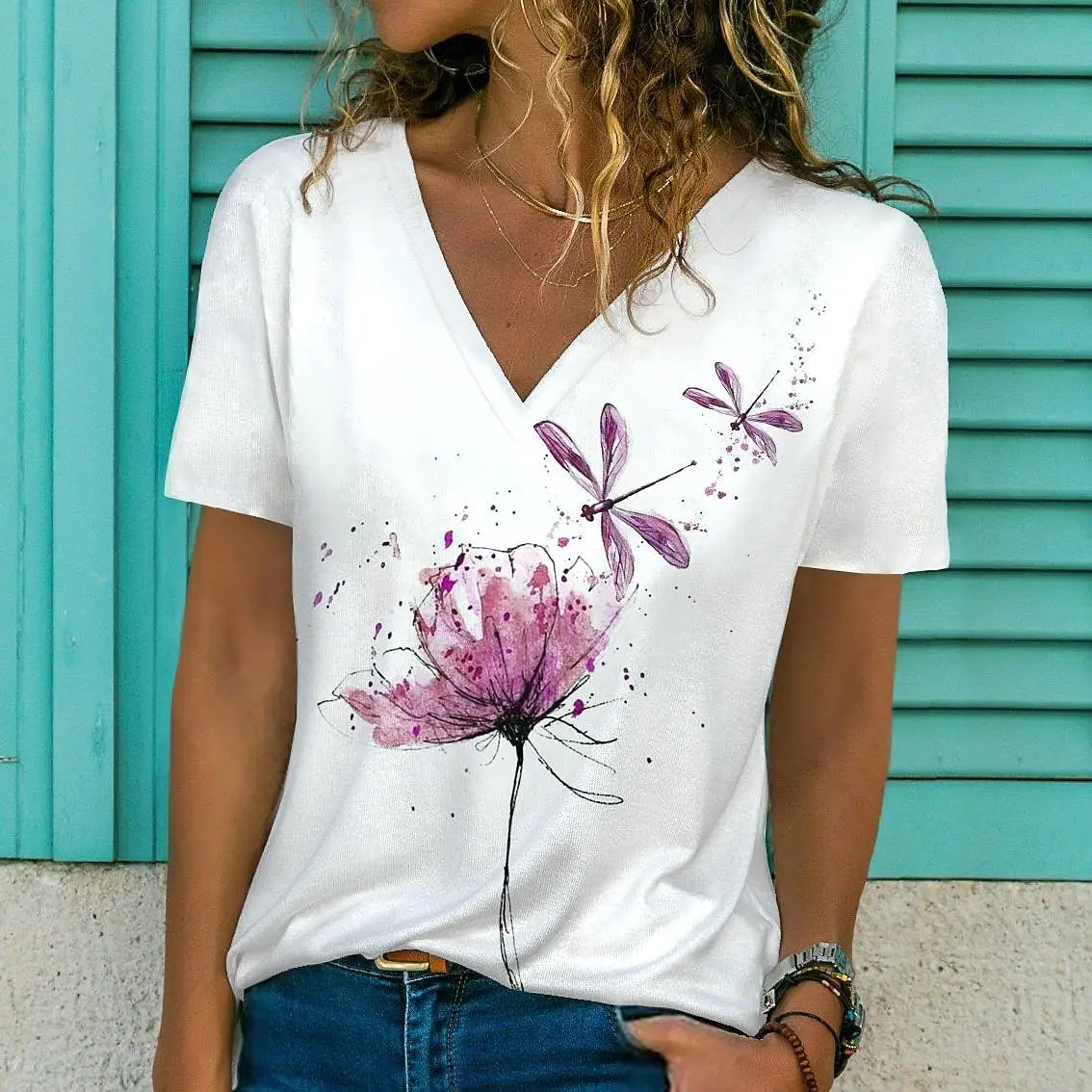 T-Shirt Femme Oversize Col V – Imprimé 3D Floral Manches Courtes Été