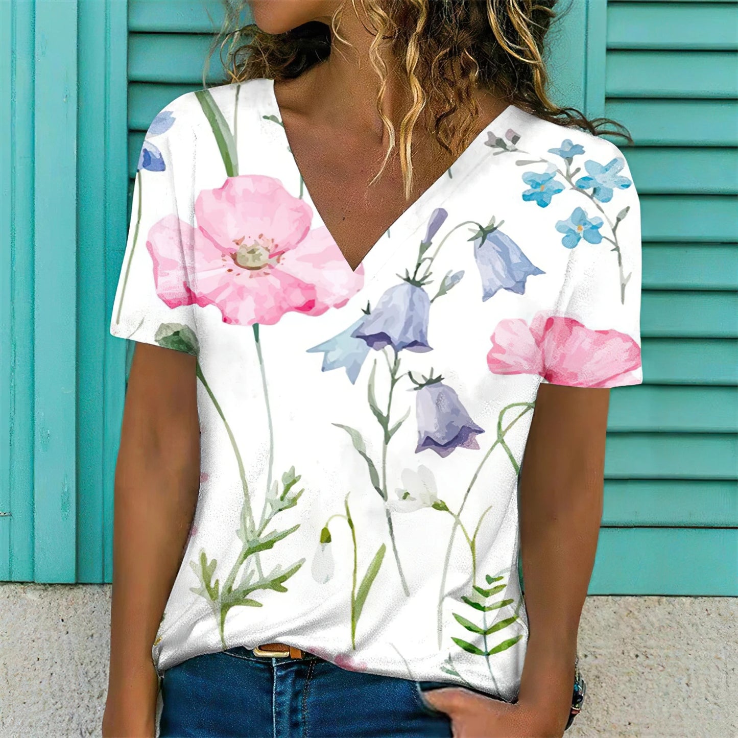 T-Shirt Femme Oversize Col V – Imprimé 3D Floral Manches Courtes Été