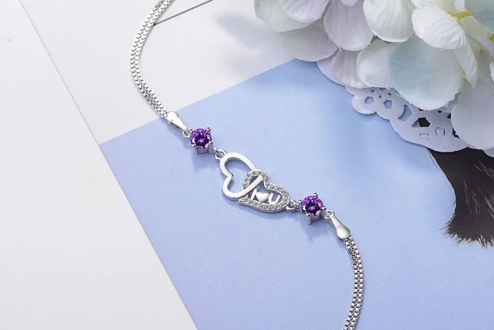 Bracelet Double Chaîne en Argent 925 Cœur & Zirconia – Amour Éternel, Bijou Fin Tendance