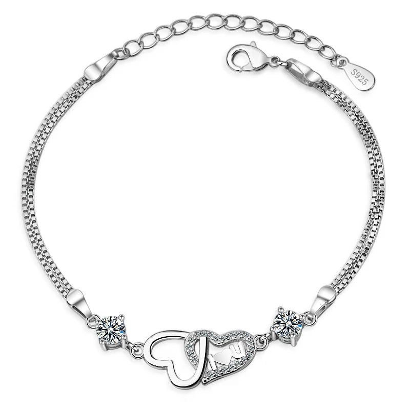 Bracelet Double Chaîne en Argent 925 Cœur & Zirconia – Amour Éternel, Bijou Fin Tendance