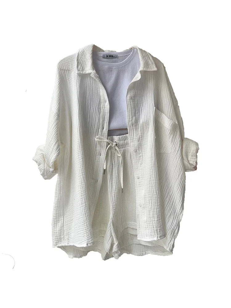 Ensemble 2 Pièces Femme Mousseline – Top Col Polo Manches Longues & Short Taille Élastique | Casual Été