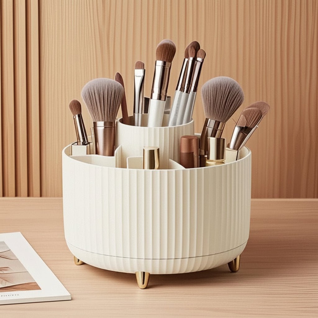 Organisateur Maquillage Rotatif 360° – 5 Compartiments, Pinceaux & Cosmétiques