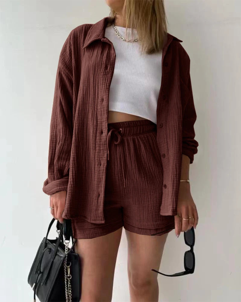 Ensemble 2 Pièces Femme Mousseline – Top Col Polo Manches Longues & Short Taille Élastique | Casual Été