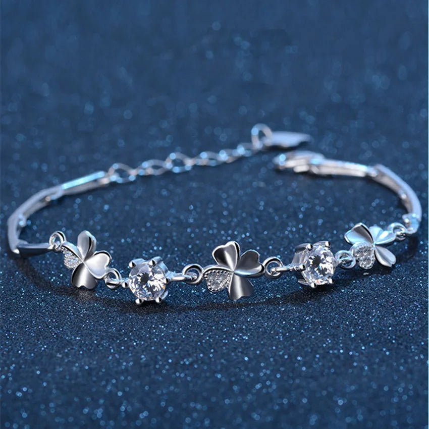 Bracelet Chaîne en Argent 925 Trèfle Porte-Bonheur & Cristaux – Bijou Fin Certifié