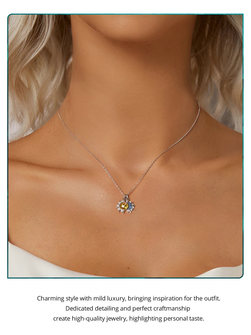 Collier Pendentif Lune & Soleil en Argent 925 – Zircon Bleu & Cristal Jaune Lumineux, Certifié GDTC | WOSTU