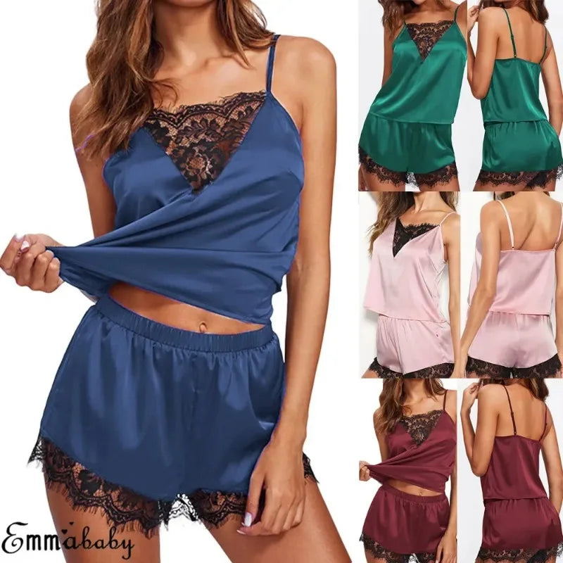 Ensemble Pyjama Femme Satin & Dentelle – Caraco + Short, Sexy & Élégant