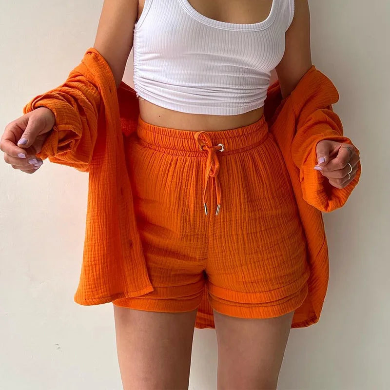 Ensemble 2 Pièces Femme Mousseline – Top Col Polo Manches Longues & Short Taille Élastique | Casual Été