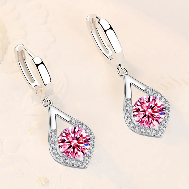 Boucles d’Oreilles Pendantes Cœur en Argent 925 – Zircon & Saphir Rose, Style Romantique, 17 Coloris
