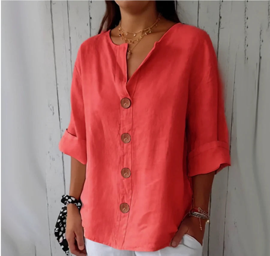 Chemise Femme Lin & Coton Col V – Coupe Loose, Boutonnage, Style Casual Élégant Bureau