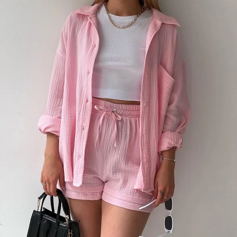 Ensemble 2 Pièces Femme Mousseline – Top Col Polo Manches Longues & Short Taille Élastique | Casual Été