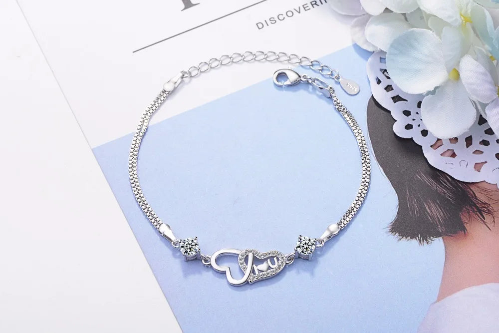 Bracelet Double Chaîne en Argent 925 Cœur & Zirconia – Amour Éternel, Bijou Fin Tendance