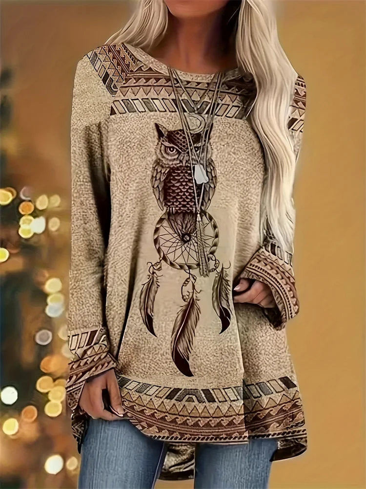 T-Shirt Femme Manches Longues Imprimé Attrape-Rêves – Style Ethnique Boho