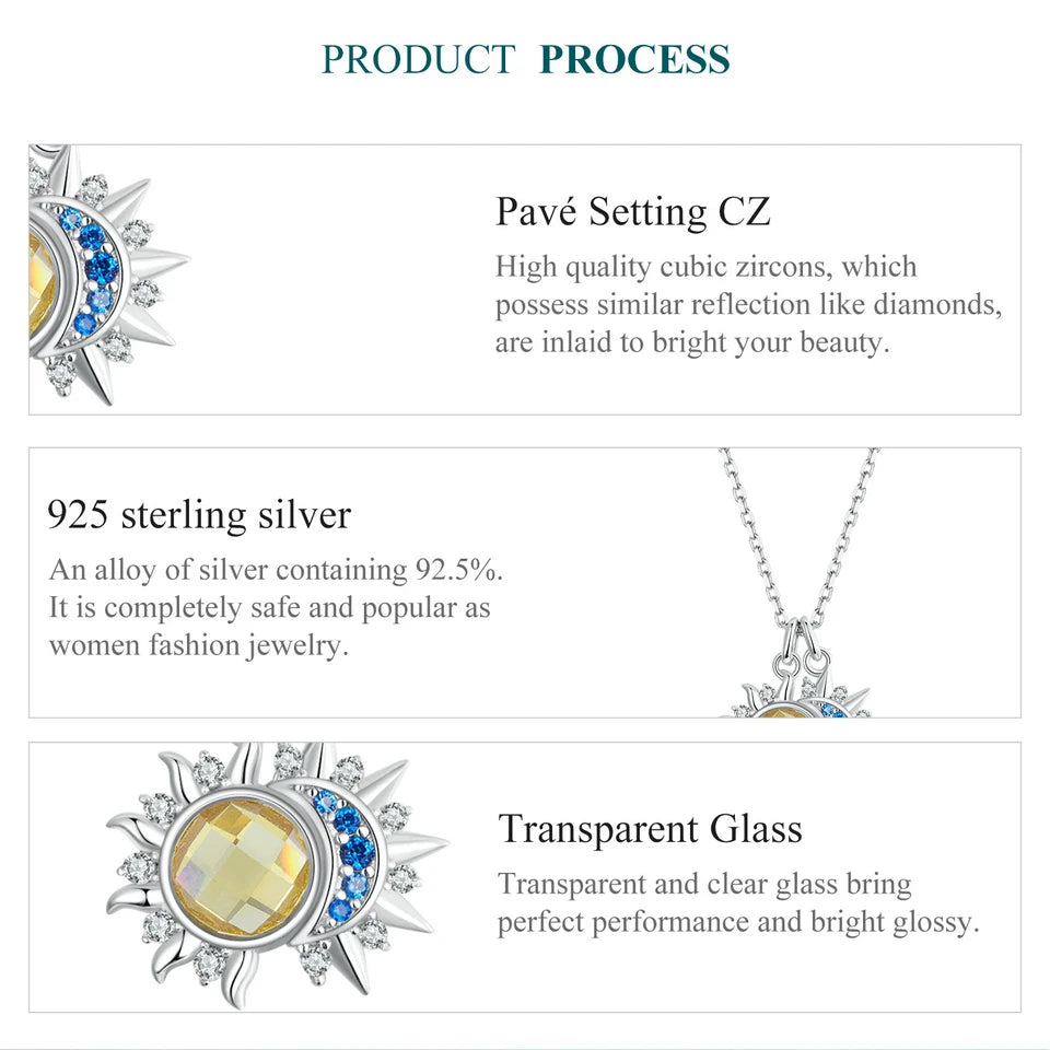 Collier Pendentif Lune & Soleil en Argent 925 – Zircon Bleu & Cristal Jaune Lumineux, Certifié GDTC | WOSTU