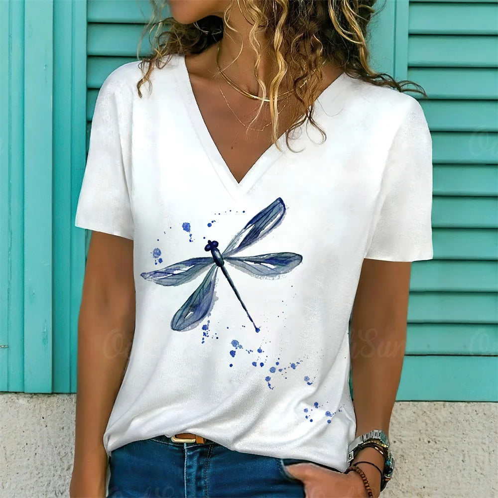 T-Shirt Femme Oversize Col V – Imprimé 3D Floral Manches Courtes Été