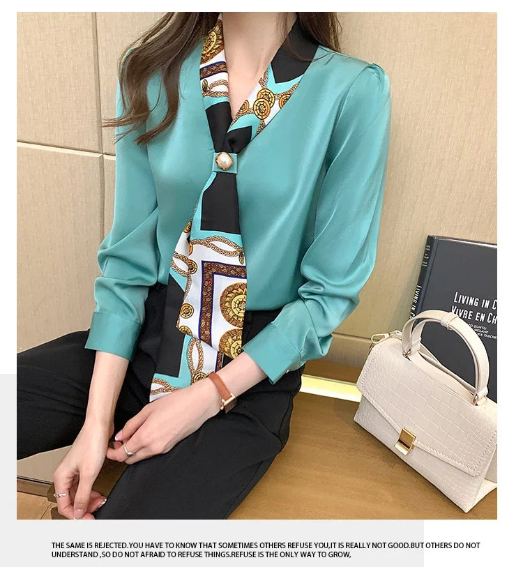 Blouse Femme Chiffon Col V Nœud Manches Longues Élégante