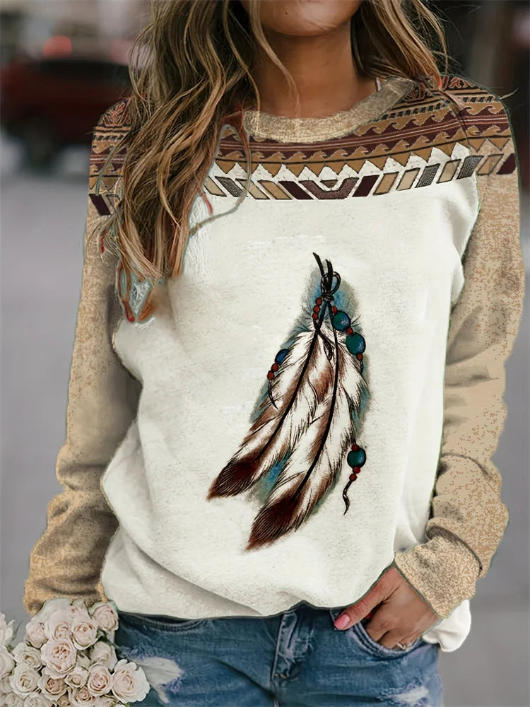 T-Shirt Femme Manches Longues Imprimé Attrape-Rêves – Style Ethnique Boho