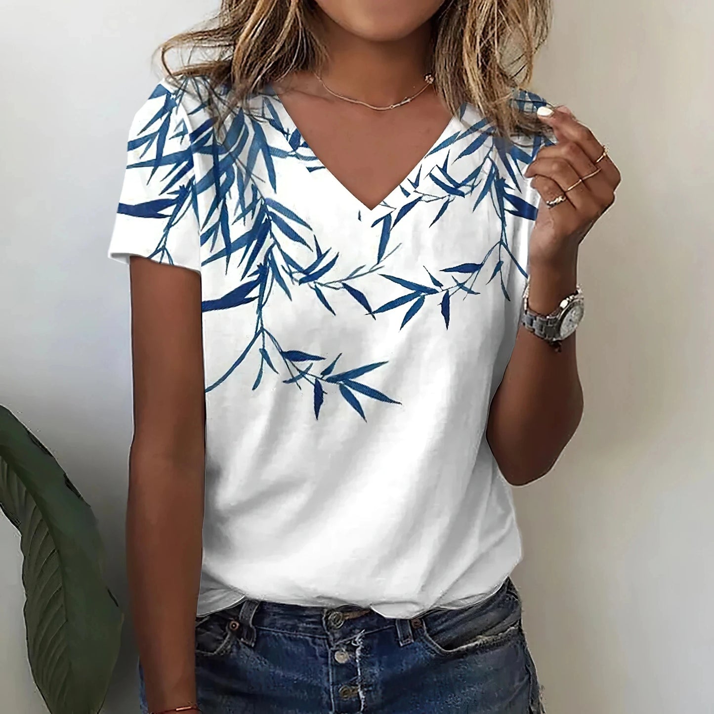 T-Shirt Femme Oversize Col V – Imprimé 3D Floral Manches Courtes Été
