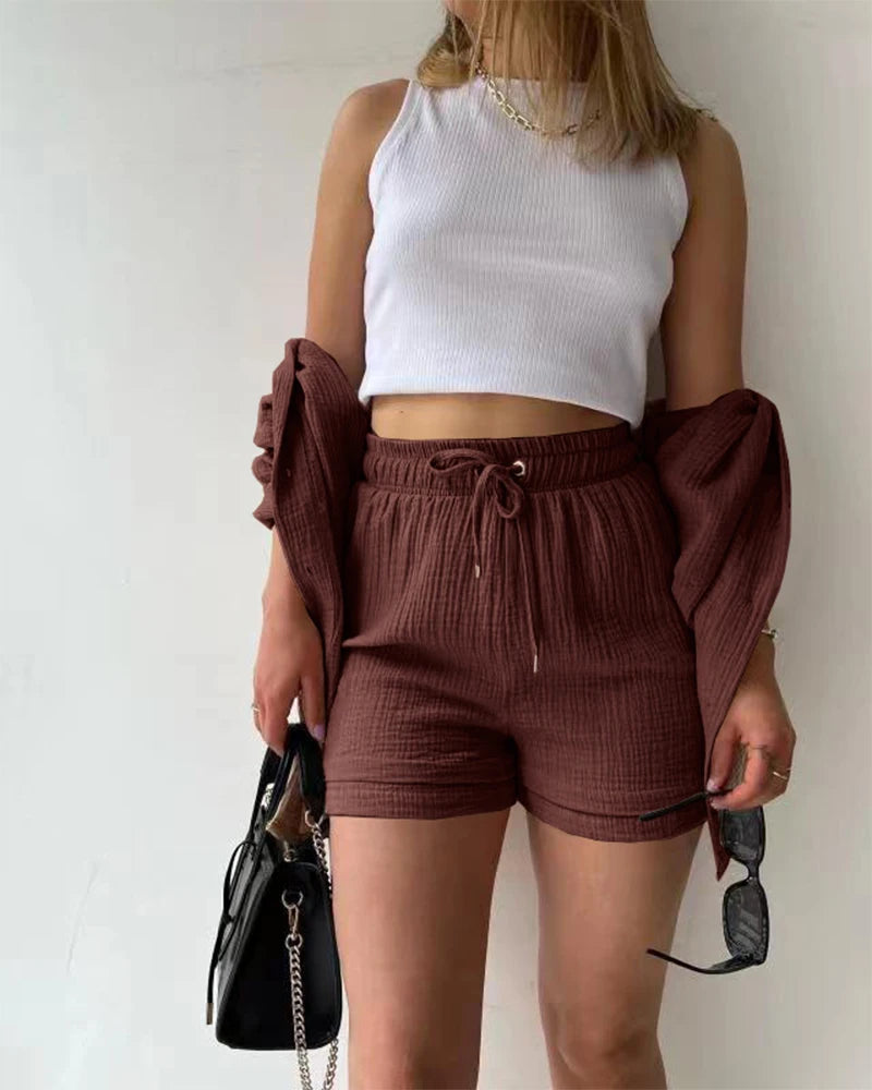 Ensemble 2 Pièces Femme Mousseline – Top Col Polo Manches Longues & Short Taille Élastique | Casual Été