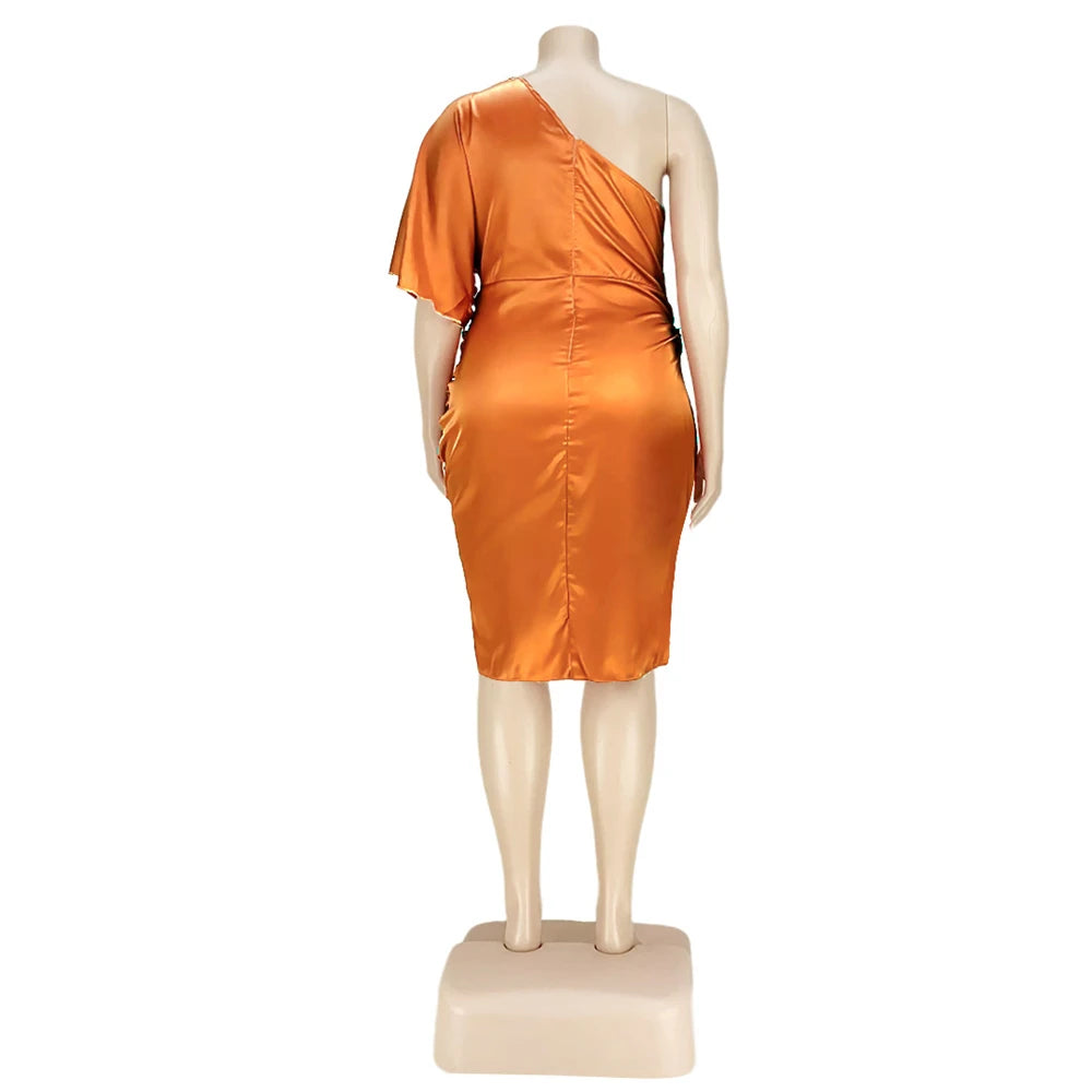 HBLL Plus Size Women Clothing Sexy Nightclub Pleated Asymmetric One Sleeve Satin Dress Evening Party Dresses XL-5XL Vestidos