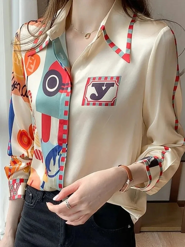 Chemise Femme Chiffon Imprimée Manches Longues – Col Rabattu Élégant Casual Printemps Été