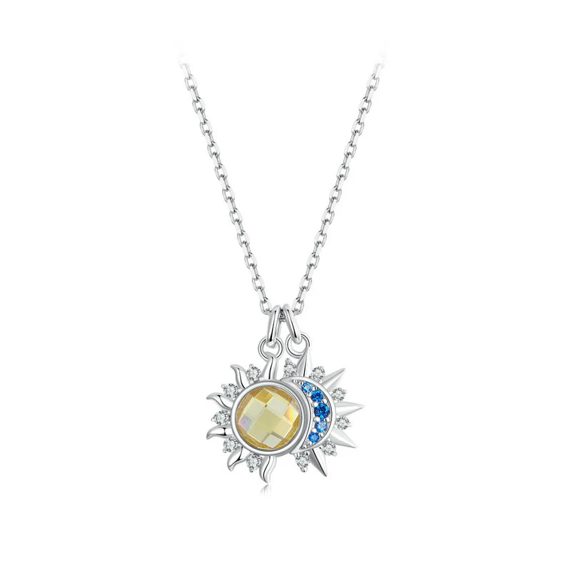 Collier Pendentif Lune & Soleil en Argent 925 – Zircon Bleu & Cristal Jaune Lumineux, Certifié GDTC | WOSTU