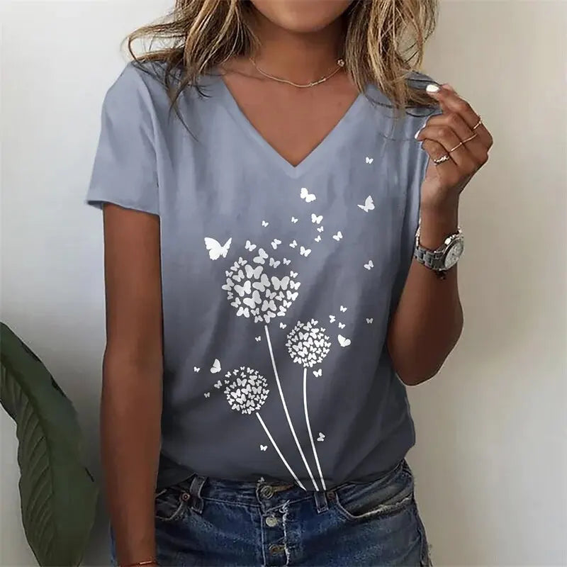 T-Shirt Femme Oversize Col V – Imprimé 3D Floral Manches Courtes Été