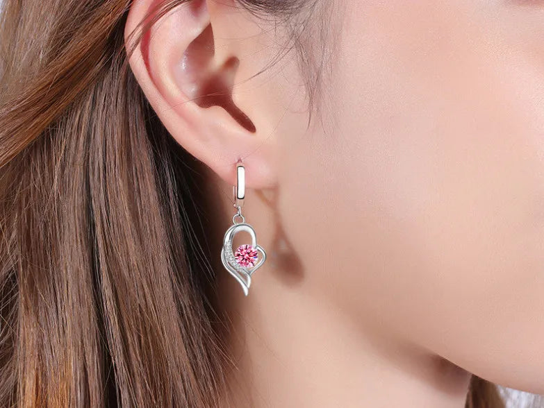 Boucles d’Oreilles Pendantes Cœur en Argent 925 – Zircon & Saphir Rose, Style Romantique, 17 Coloris