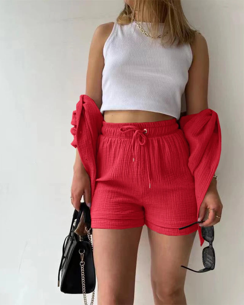Ensemble 2 Pièces Femme Mousseline – Top Col Polo Manches Longues & Short Taille Élastique | Casual Été