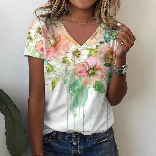 T-Shirt Femme Oversize Col V – Imprimé 3D Floral Manches Courtes Été
