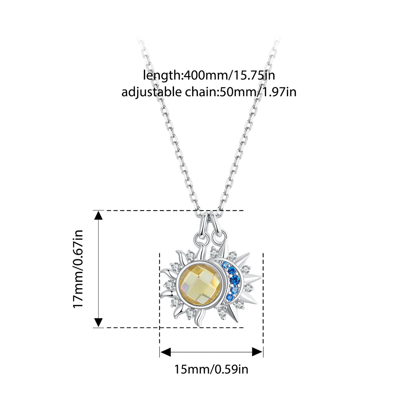 Collier Pendentif Lune & Soleil en Argent 925 – Zircon Bleu & Cristal Jaune Lumineux, Certifié GDTC | WOSTU