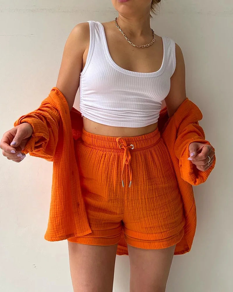 Ensemble 2 Pièces Femme Mousseline – Top Col Polo Manches Longues & Short Taille Élastique | Casual Été