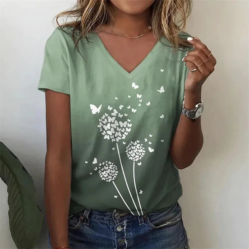 T-Shirt Femme Oversize Col V – Imprimé 3D Floral Manches Courtes Été
