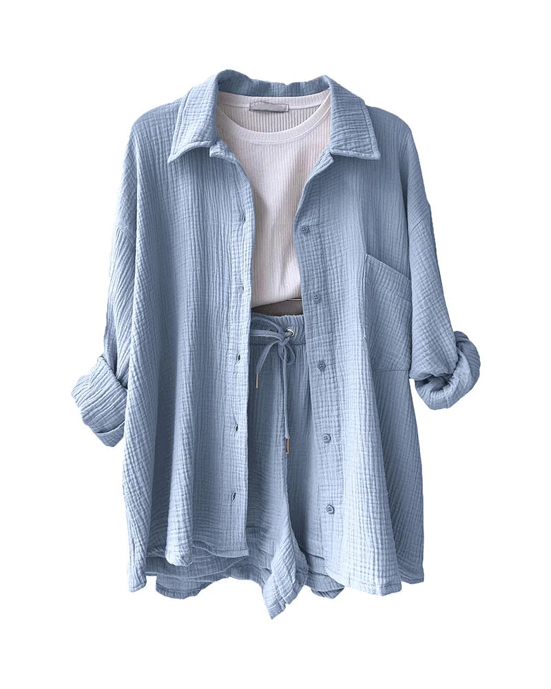 Ensemble 2 Pièces Femme Mousseline – Top Col Polo Manches Longues & Short Taille Élastique | Casual Été