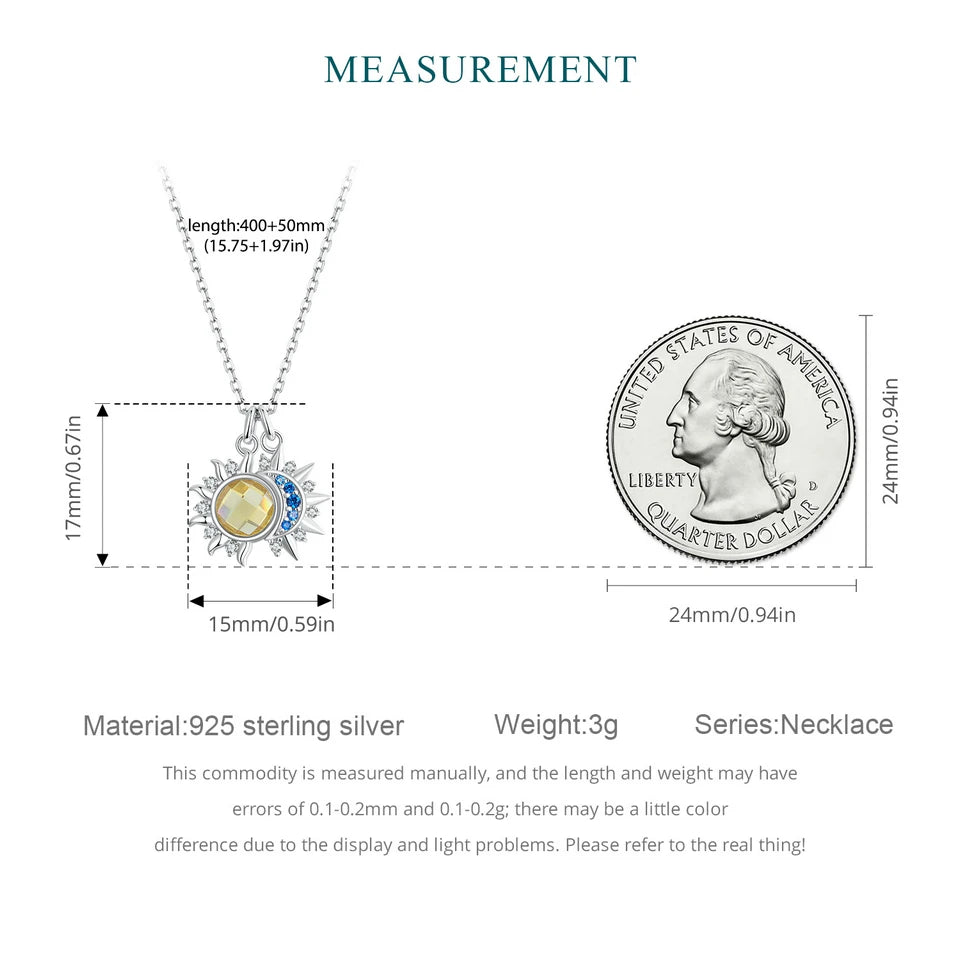 Collier Pendentif Lune & Soleil en Argent 925 – Zircon Bleu & Cristal Jaune Lumineux, Certifié GDTC | WOSTU