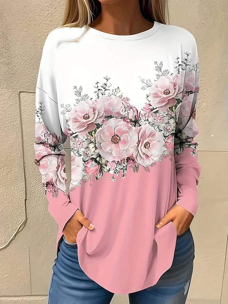 T-Shirt Femme Manches Longues Imprimé 3D Floral – Style Casual Street Automne Hiver