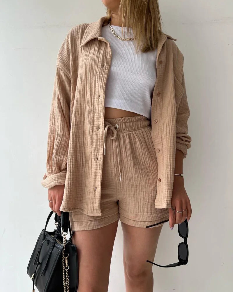 Ensemble 2 Pièces Femme Mousseline – Top Col Polo Manches Longues & Short Taille Élastique | Casual Été