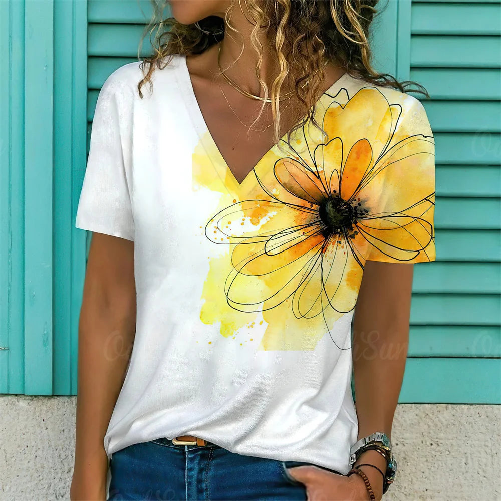 T-Shirt Femme Oversize Col V – Imprimé 3D Floral Manches Courtes Été