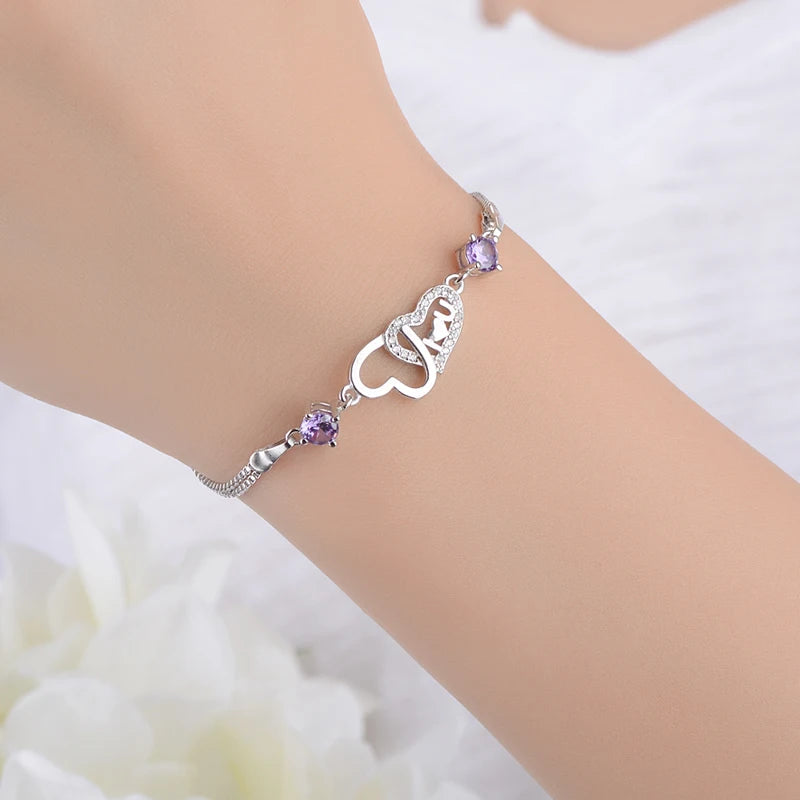 Bracelet Double Chaîne en Argent 925 Cœur & Zirconia – Amour Éternel, Bijou Fin Tendance