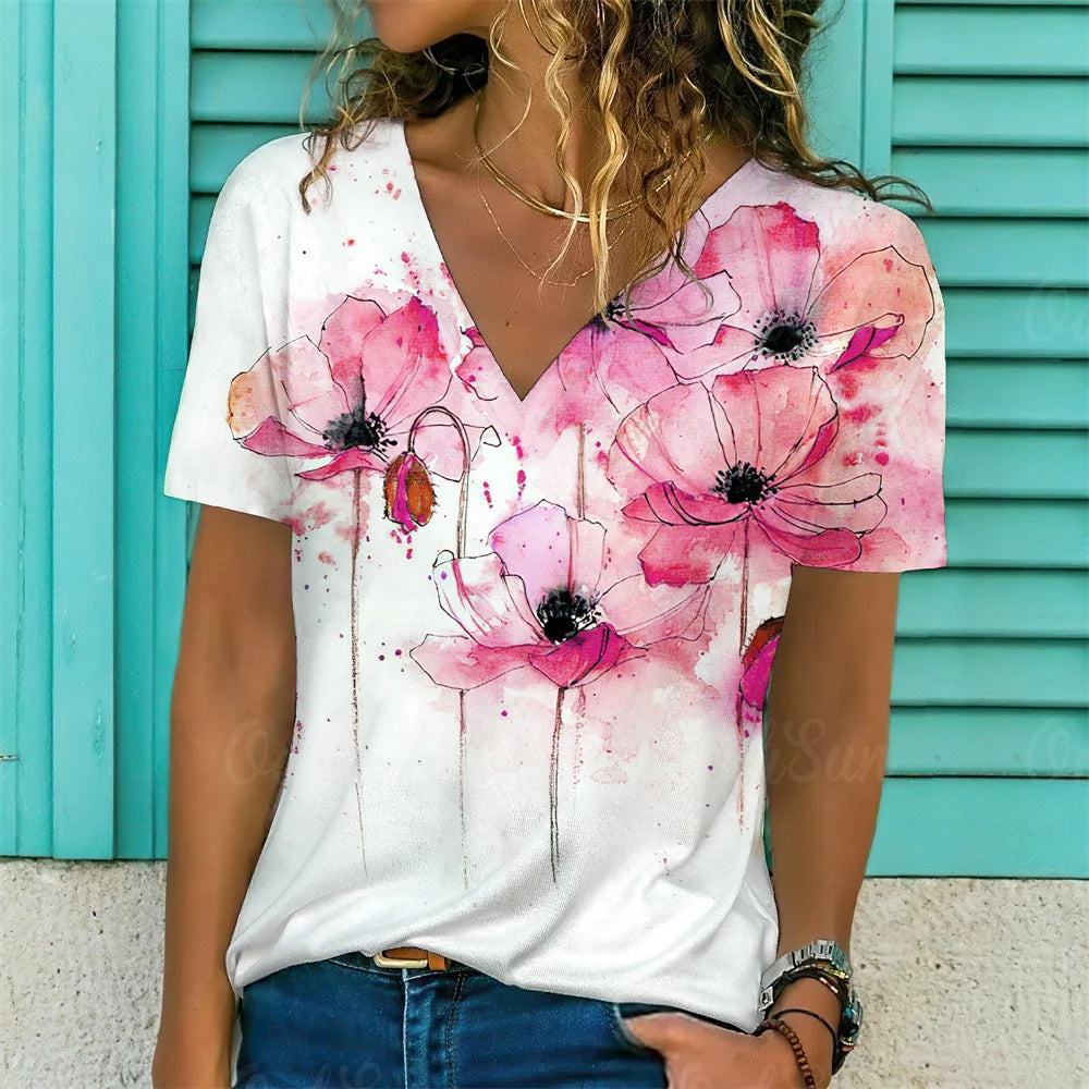 T-Shirt Femme Oversize Col V – Imprimé 3D Floral Manches Courtes Été