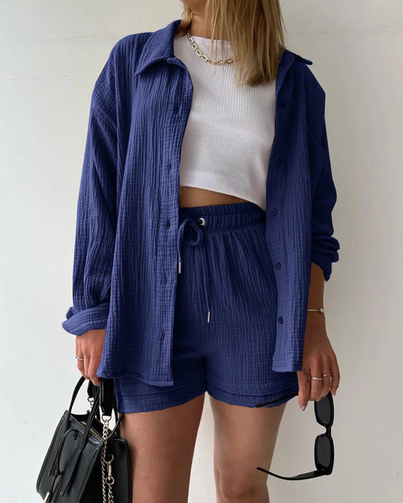 Ensemble 2 Pièces Femme Mousseline – Top Col Polo Manches Longues & Short Taille Élastique | Casual Été
